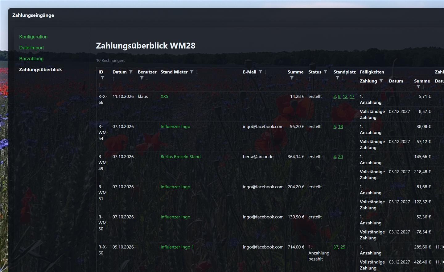 Zahlungsüberblick WM28 mit Rechnungen, Fälligkeiten und Zahlungen.